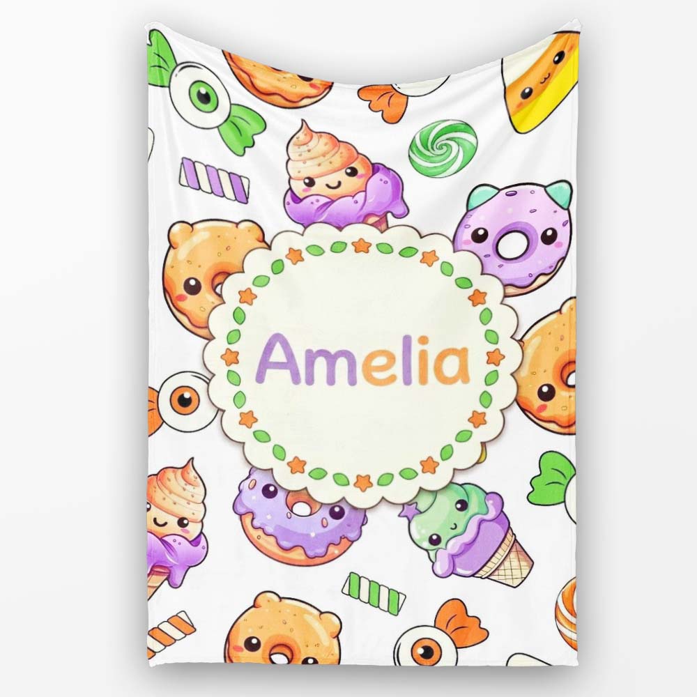 Halloween Donut Candy Eyeball Ice Cream Seamless Pattern Light Grey  Personalised Custom Name Super Soft Fleece Blanket Bed Sofa Throw