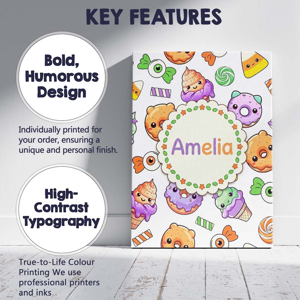 Personalised Name Halloween Donut Candy Custom  Modern Room Accent Elegant Feature Canvas Wall Art Print Decor Picture Ready to Hang