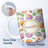 Personalized Custom Name Halloween Donut Candy Eyeball Ice Cream Seamless Pattern Light Grey 11oz Ceramic Coffee Tea Mug White Large Handle