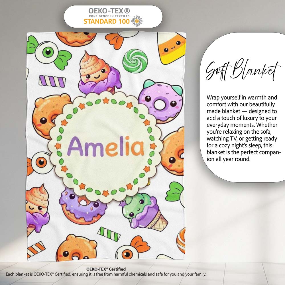 Halloween Donut Candy Eyeball Ice Cream Seamless Pattern Light Grey  Personalised Custom Name Super Soft Fleece Blanket Bed Sofa Throw