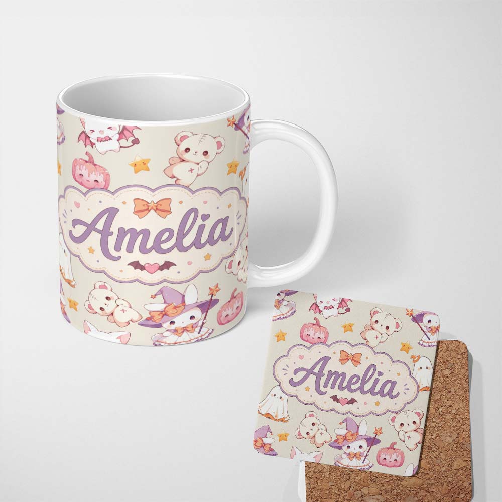 Personalized Custom Name Kawaii Halloween Bunny Witch Ghost Pumpkin Seamless Pattern Cream 11oz Ceramic Coffee Tea Mug White Large Handle