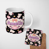 Personalized Custom Name Kawaii Halloween Bunny Witch Ghost Pumpkin Seamless Pattern Black 11oz Ceramic Coffee Tea Mug White Large Handle