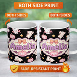 Personalized Custom Name Kawaii Halloween Bunny Witch Ghost Pumpkin Seamless Pattern Black 11oz Ceramic Coffee Tea Mug White Large Handle