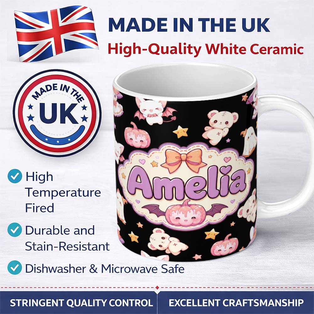 Personalized Custom Name Kawaii Halloween Bunny Witch Ghost Pumpkin Seamless Pattern Black 11oz Ceramic Coffee Tea Mug White Large Handle