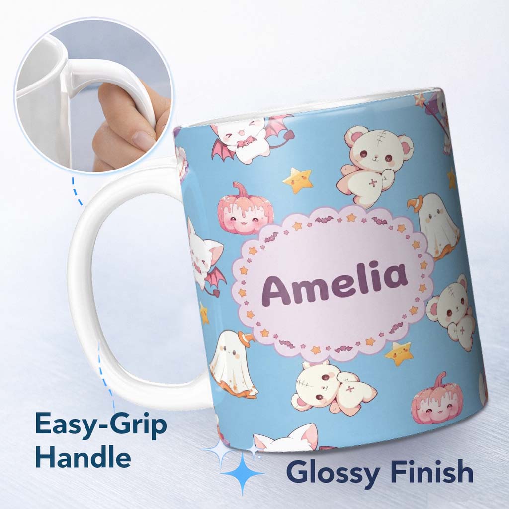 Personalized Custom Name Kawaii Halloween Bunny Witch Ghost Pumpkin Seamless Pattern Blue 11oz Ceramic Coffee Tea Mug White Large Handle