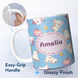 Personalized Custom Name Kawaii Halloween Bunny Witch Ghost Pumpkin Seamless Pattern Blue 11oz Ceramic Coffee Tea Mug White Large Handle