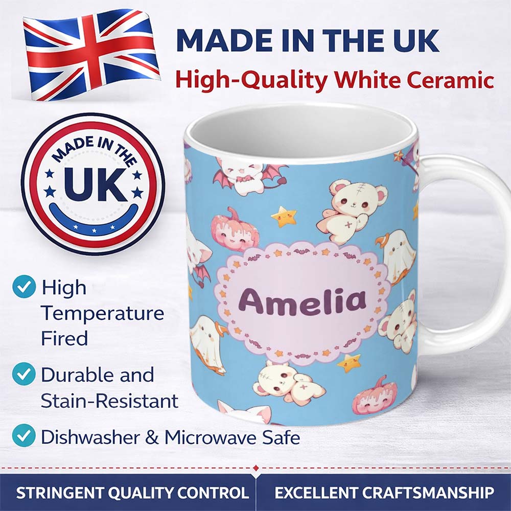 Personalized Custom Name Kawaii Halloween Bunny Witch Ghost Pumpkin Seamless Pattern Blue 11oz Ceramic Coffee Tea Mug White Large Handle