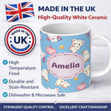 Personalized Custom Name Kawaii Halloween Bunny Witch Ghost Pumpkin Seamless Pattern Blue 11oz Ceramic Coffee Tea Mug White Large Handle