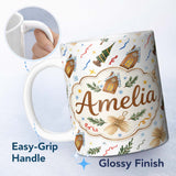 Personalized Custom Name Watercolor Rustic Christmas House Tree Angel Ornament Seamless 11oz Ceramic Coffee Tea Mug White Large Handle