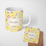 Personalized Custom Name Kawaii Halloween Bunny Witch Ghost Pumpkin Seamless Pattern Yellow 11oz Ceramic Coffee Tea Mug White Large Handle