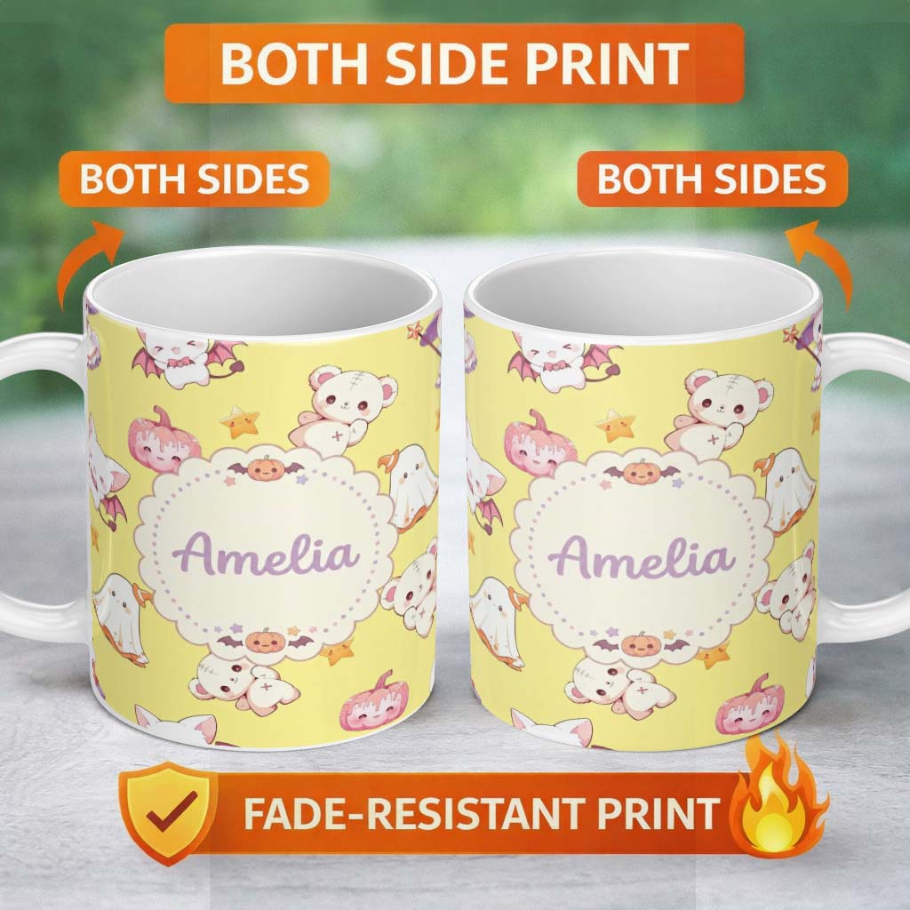 Personalized Custom Name Kawaii Halloween Bunny Witch Ghost Pumpkin Seamless Pattern Yellow 11oz Ceramic Coffee Tea Mug White Large Handle
