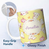 Personalized Custom Name Kawaii Halloween Bunny Witch Ghost Pumpkin Seamless Pattern Yellow 11oz Ceramic Coffee Tea Mug White Large Handle