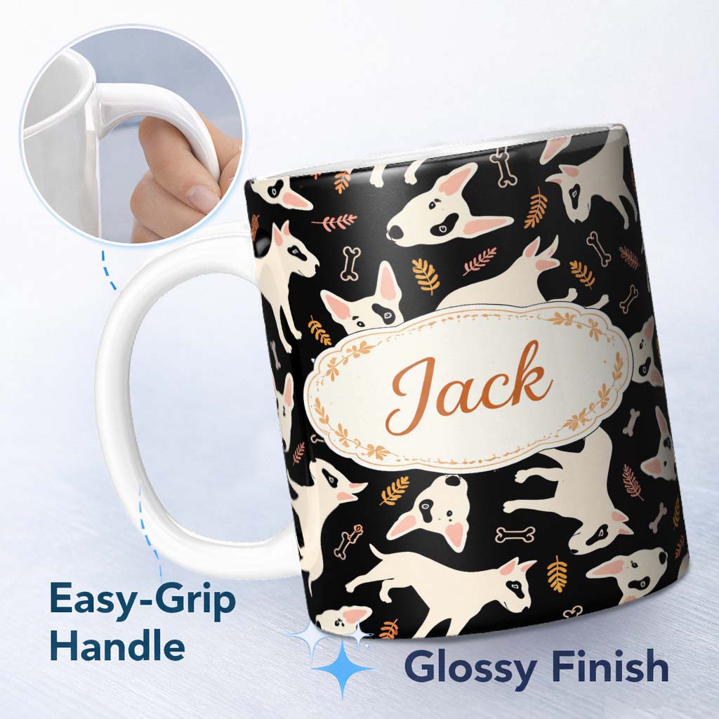 Personalized Custom Name Bull Terrier Dogs Black Background Leaves Seamless Pattern Lovely 11oz Ceramic Coffee Tea Mug White Large Handle