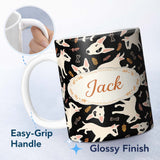 Personalized Custom Name Bull Terrier Dogs Black Background Leaves Seamless Pattern Lovely 11oz Ceramic Coffee Tea Mug White Large Handle