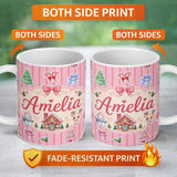Personalized Custom Name Cute Christmas Festive Stickers Gingerbread House Tree Pink Stripe 11oz Ceramic Coffee Tea Mug White Large Handle