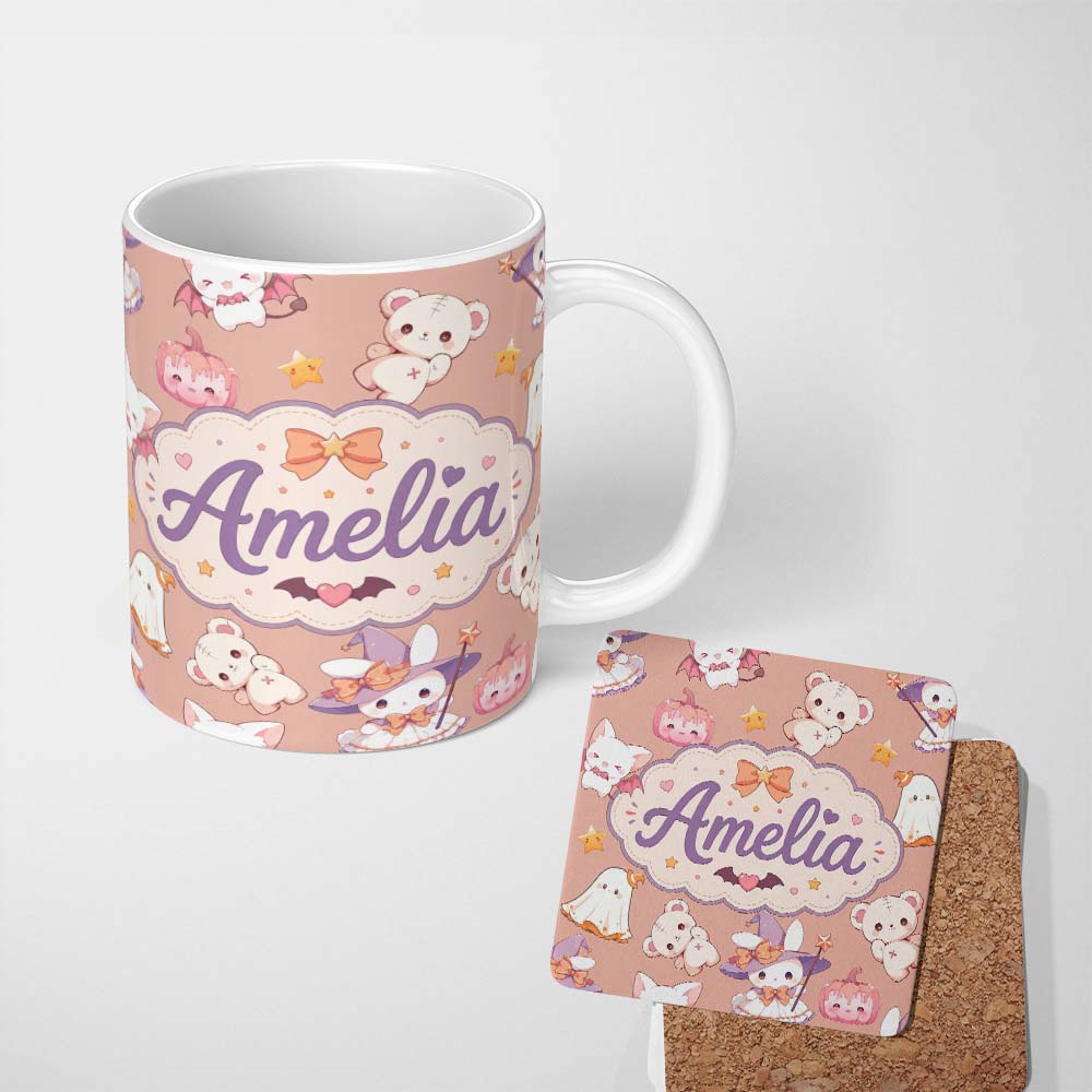 Personalized Custom Name Cute Kawaii Halloween Bunny Witch Ghost Seamless Pattern Warm Beige 11oz Ceramic Coffee Tea Mug White Large Handle