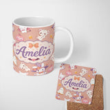 Personalized Custom Name Cute Kawaii Halloween Bunny Witch Ghost Seamless Pattern Warm Beige 11oz Ceramic Coffee Tea Mug White Large Handle