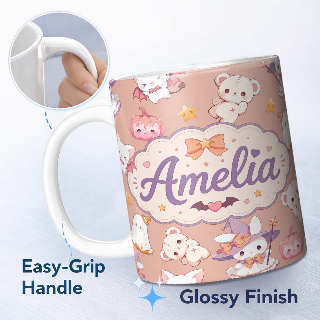 Personalized Custom Name Cute Kawaii Halloween Bunny Witch Ghost Seamless Pattern Warm Beige 11oz Ceramic Coffee Tea Mug White Large Handle