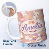 Personalized Custom Name Cute Kawaii Halloween Bunny Witch Ghost Seamless Pattern Warm Beige 11oz Ceramic Coffee Tea Mug White Large Handle