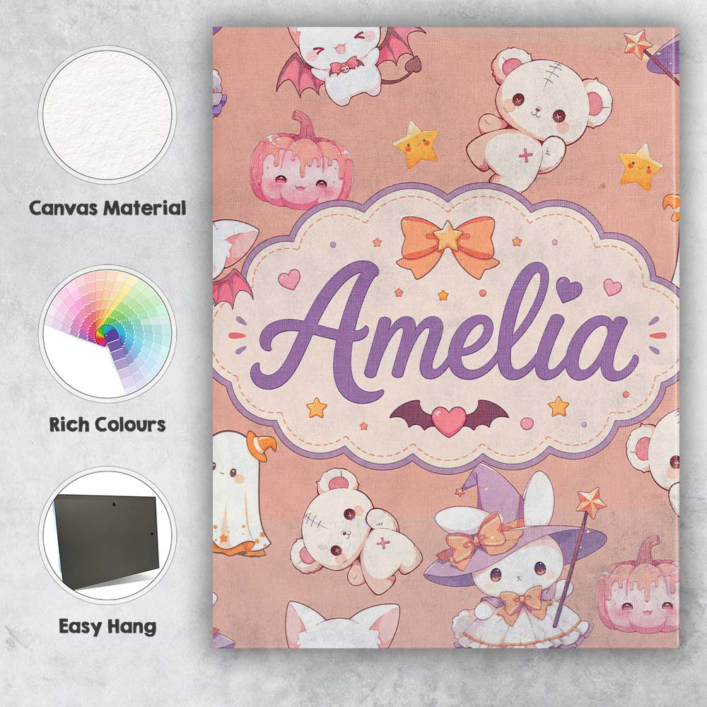 Personalised Name Cute Kawaii Halloween Custom  Modern Room Accent Elegant Feature Canvas Wall Art Print Decor Picture Ready to Hang