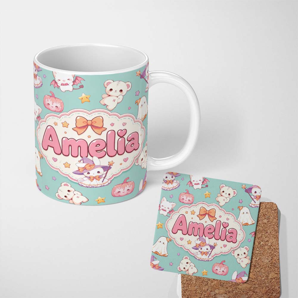 Personalized Custom Name Kawaii Halloween Bunny Witch Ghost Pumpkin Seamless Pattern Teal 11oz Ceramic Coffee Tea Mug White Large Handle