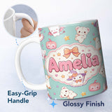 Personalized Custom Name Kawaii Halloween Bunny Witch Ghost Pumpkin Seamless Pattern Teal 11oz Ceramic Coffee Tea Mug White Large Handle