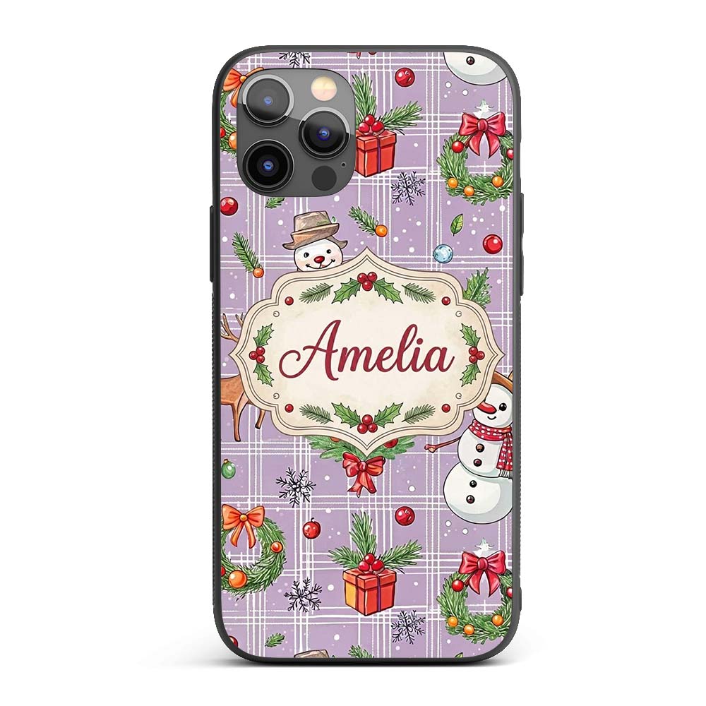 Christmas Plaid Snowman Reindeer Festive Seamless Custom Name Protective Phone Case Mobile Cover Durable Everyday Smartphone Shock Resistant