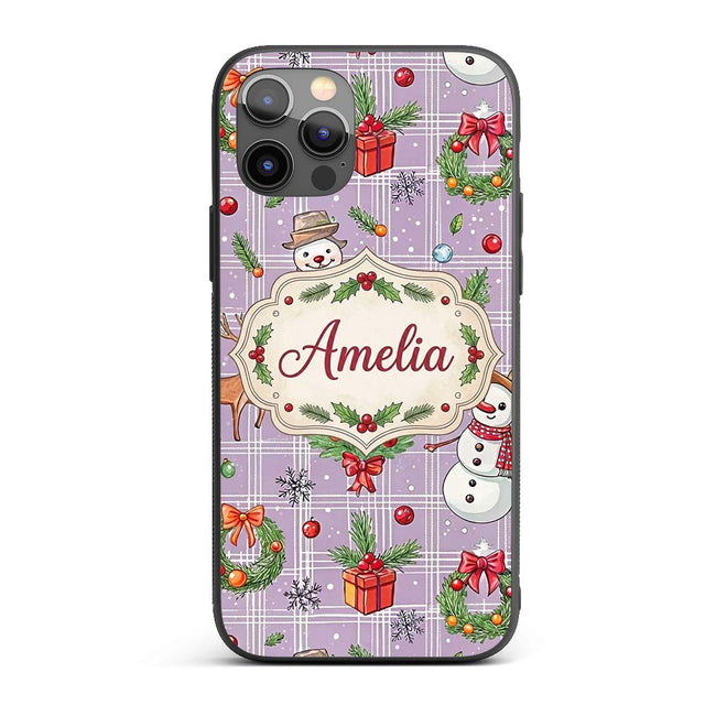 Christmas Plaid Snowman Reindeer Festive Seamless Custom Name Protective Phone Case Mobile Cover Durable Everyday Smartphone Shock Resistant