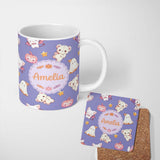 Personalized Custom Name Cute Halloween Bunny Witch Ghost Pumpkin Seamless Pattern Purple 11oz Ceramic Coffee Tea Mug White Large Handle