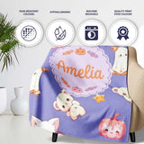 Cute Halloween Bunny Witch Ghost Pumpkin Seamless Pattern Purple  Personalised Custom Name Super Soft Fleece Blanket Bed Sofa Throw