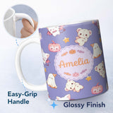 Personalized Custom Name Cute Halloween Bunny Witch Ghost Pumpkin Seamless Pattern Purple 11oz Ceramic Coffee Tea Mug White Large Handle
