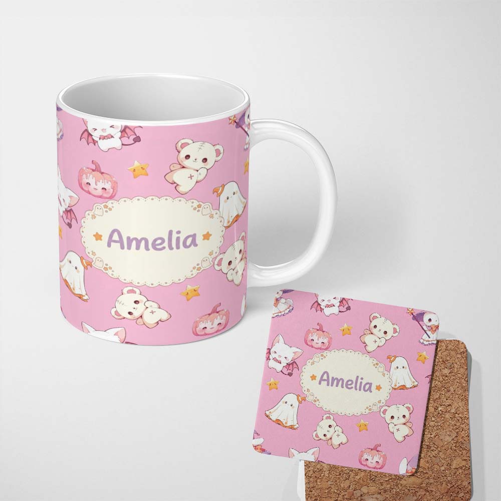 Personalized Custom Name Cute Halloween Bunny Witch Ghost Pumpkin Seamless Pattern Soft Pink 11oz Ceramic Coffee Tea Mug White Large Handle