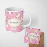 Personalized Custom Name Cute Halloween Bunny Witch Ghost Pumpkin Seamless Pattern Soft Pink 11oz Ceramic Coffee Tea Mug White Large Handle