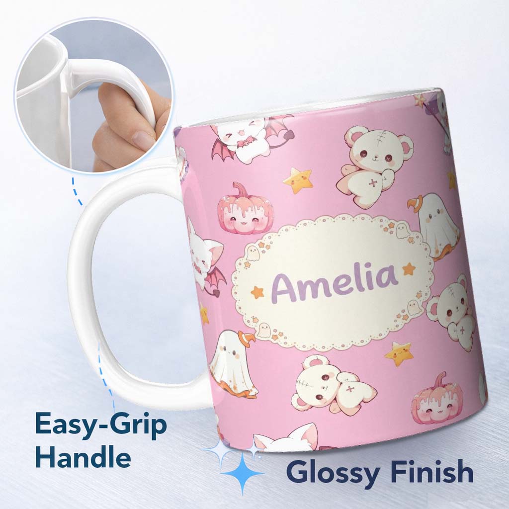 Personalized Custom Name Cute Halloween Bunny Witch Ghost Pumpkin Seamless Pattern Soft Pink 11oz Ceramic Coffee Tea Mug White Large Handle