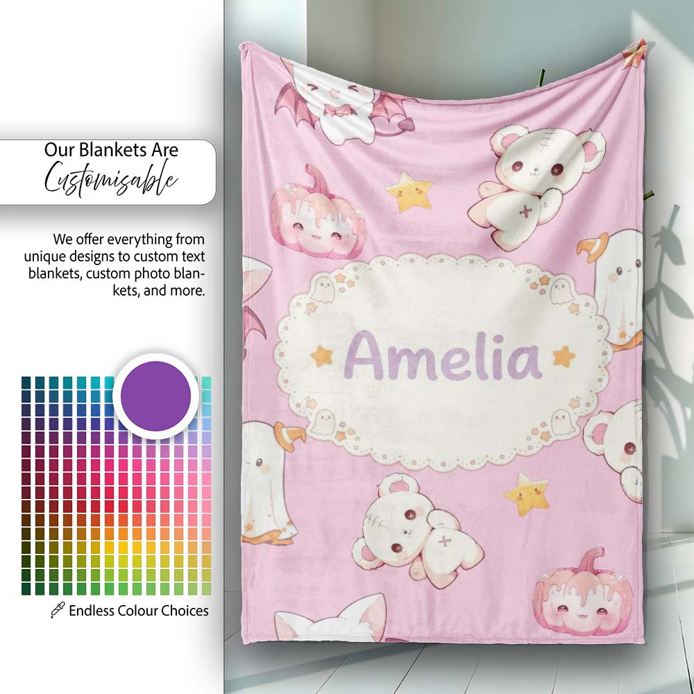 Cute Halloween Bunny Witch Ghost Pumpkin Seamless Pattern Soft Pink  Personalised Custom Name Super Soft Fleece Blanket Bed Sofa Throw