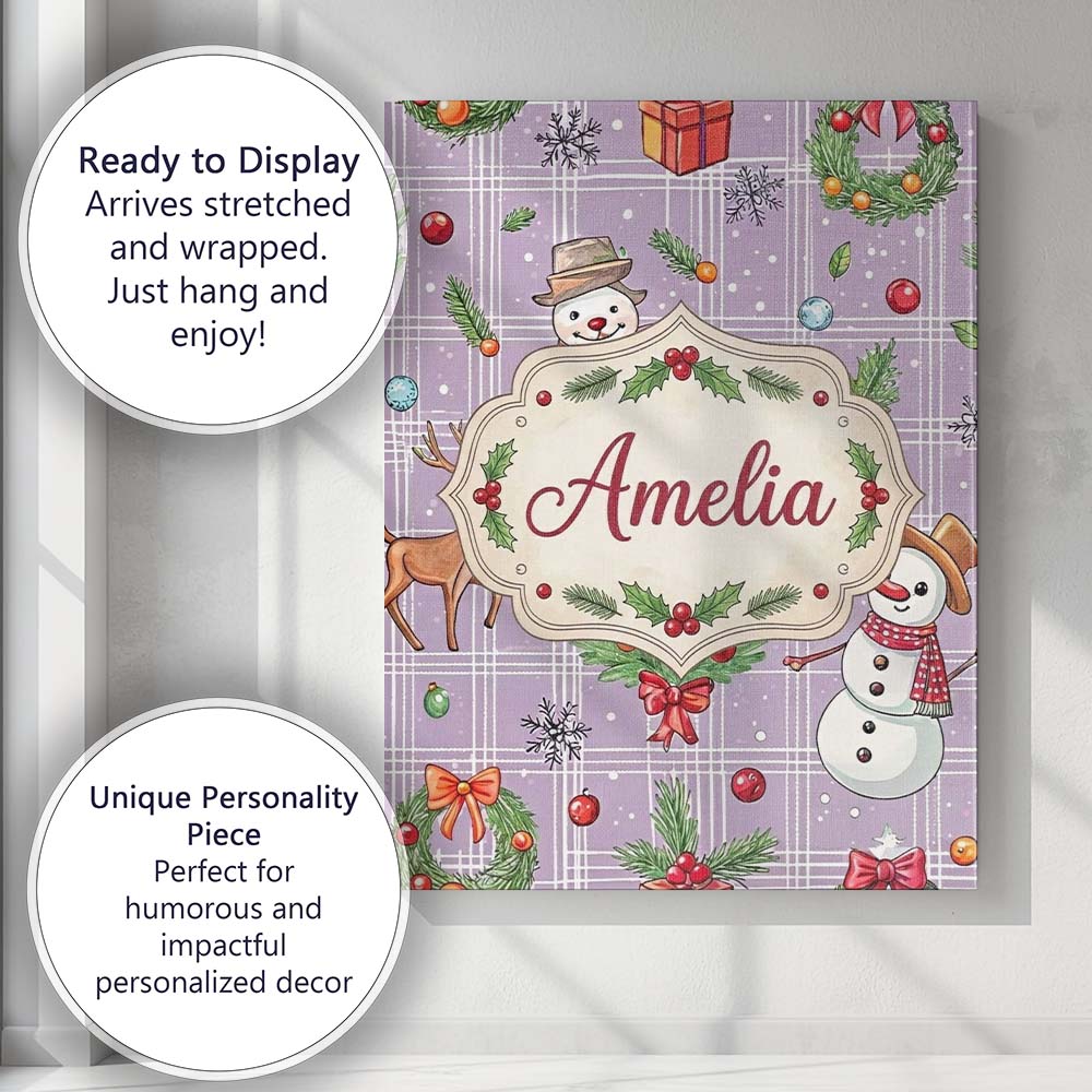 Personalised Name Christmas Plaid Snowman Reindeer Festive Seamless Custom Canvas Wall Art Print Decor Picture Ready to Hang