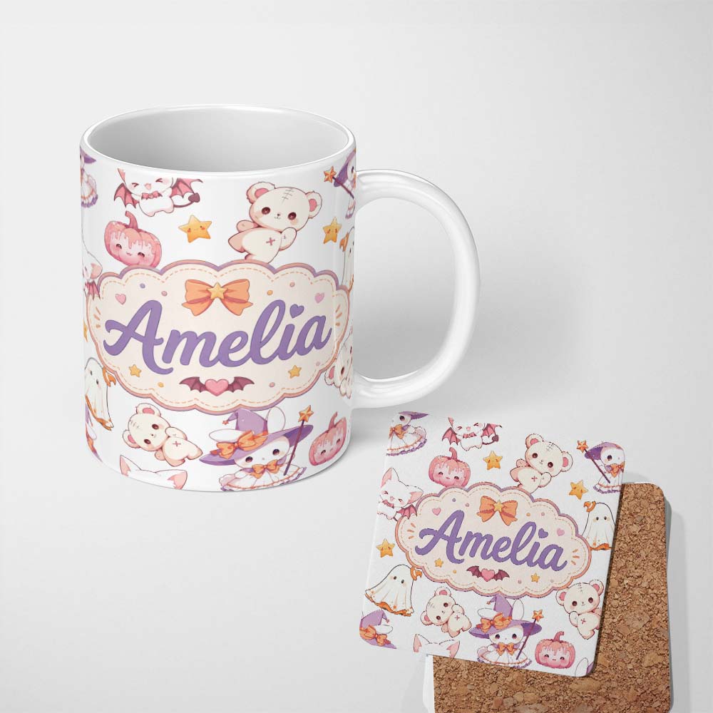 Personalized Custom Name Cute Halloween Bunny Witch Ghost Pumpkin Seamless Pattern Light 11oz Ceramic Coffee Tea Mug White Large Handle