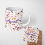 Personalized Custom Name Cute Halloween Bunny Witch Ghost Pumpkin Seamless Pattern Light 11oz Ceramic Coffee Tea Mug White Large Handle