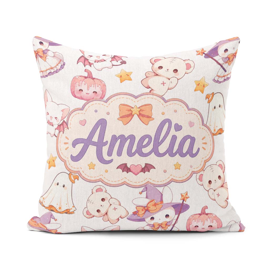 Custom Name Halloween Bunny Witch Ghost Pumpkin Seamless Pattern Square Filled Cushion Throw Pillow Sofa Bed Home Decor Zip Washable UK Made