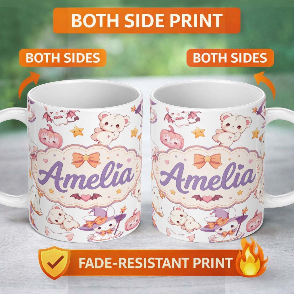 Personalized Custom Name Cute Halloween Bunny Witch Ghost Pumpkin Seamless Pattern Light 11oz Ceramic Coffee Tea Mug White Large Handle