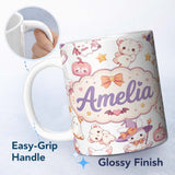 Personalized Custom Name Cute Halloween Bunny Witch Ghost Pumpkin Seamless Pattern Light 11oz Ceramic Coffee Tea Mug White Large Handle