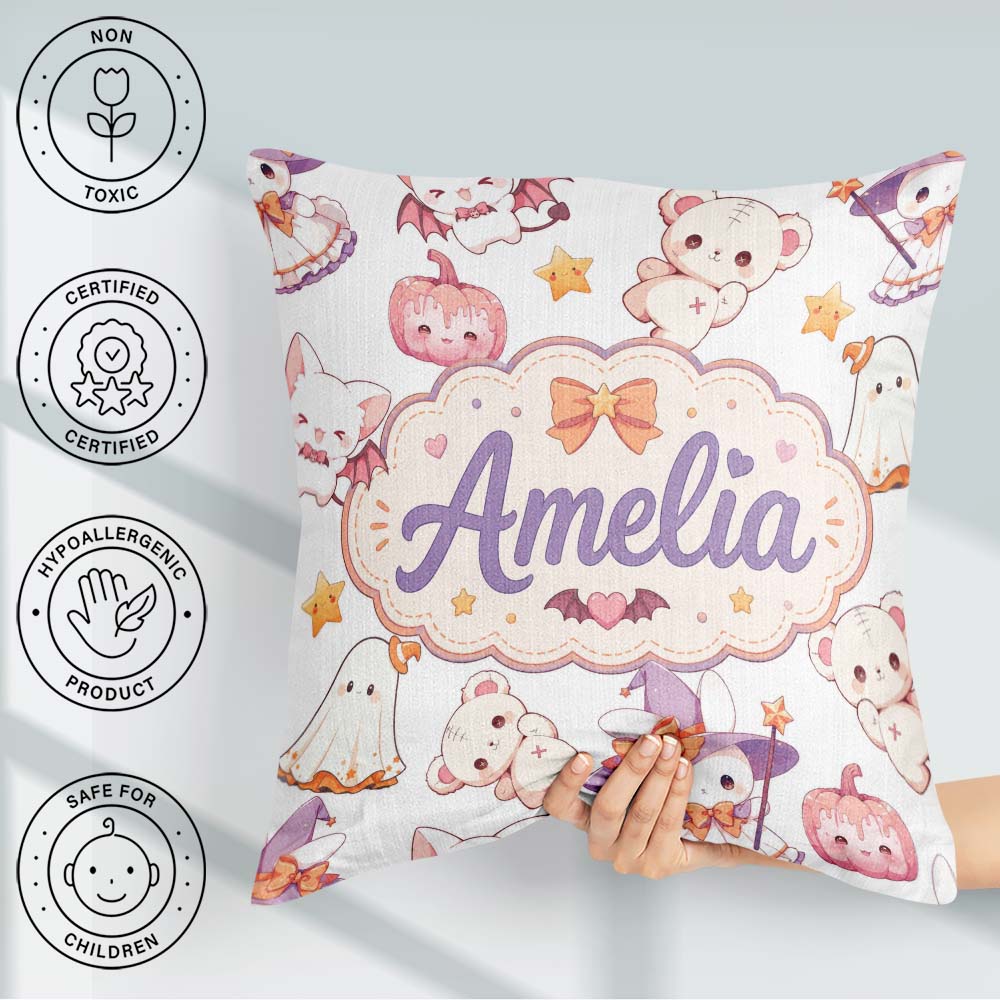 Custom Name Halloween Bunny Witch Ghost Pumpkin Seamless Pattern Square Filled Cushion Throw Pillow Sofa Bed Home Decor Zip Washable UK Made