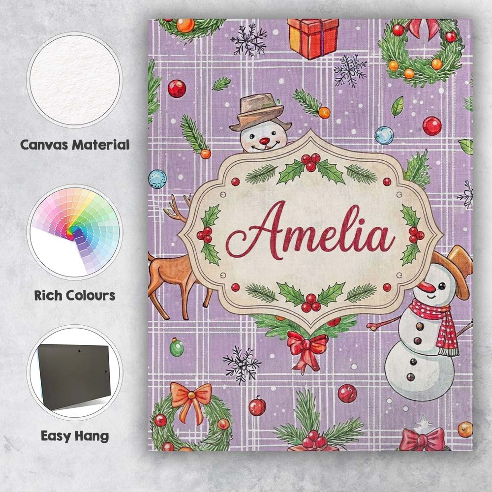 Personalised Name Christmas Plaid Snowman Reindeer Festive Seamless Custom Canvas Wall Art Print Decor Picture Ready to Hang