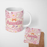 Personalized Custom Name Cute Halloween Bunny Witch Ghost Pumpkin Seamless Pattern Blush 11oz Ceramic Coffee Tea Mug White Large Handle