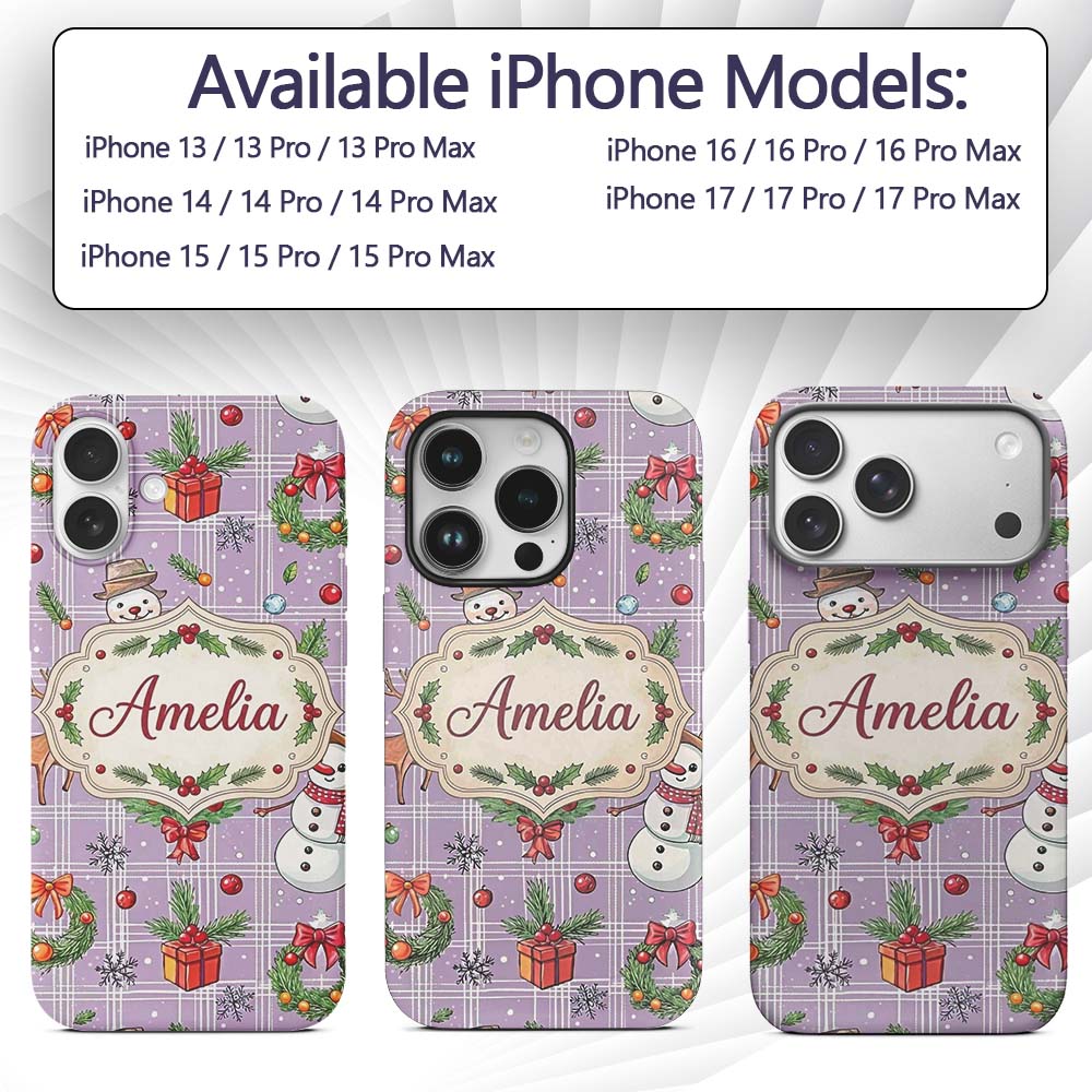 Christmas Plaid Snowman Reindeer Festive Seamless Custom Name Protective Phone Case Mobile Cover Durable Everyday Smartphone Shock Resistant