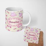 Personalized Custom Name Cute Pink Halloween Bunny Candy Ghost Pumpkin Seamless Pattern 11oz Ceramic Coffee Tea Mug White Large Handle