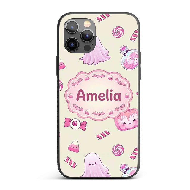 Cute Pink Halloween Bunny Candy Ghost Pumpkin Custom Name Protective Phone Case Mobile Cover Durable Everyday Smartphone Shock Resistant