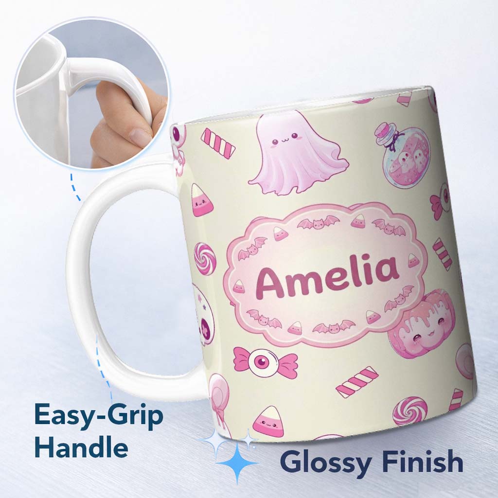 Personalized Custom Name Cute Pink Halloween Bunny Candy Ghost Pumpkin Seamless Pattern 11oz Ceramic Coffee Tea Mug White Large Handle