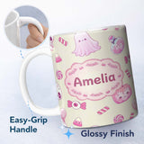 Personalized Custom Name Cute Pink Halloween Bunny Candy Ghost Pumpkin Seamless Pattern 11oz Ceramic Coffee Tea Mug White Large Handle
