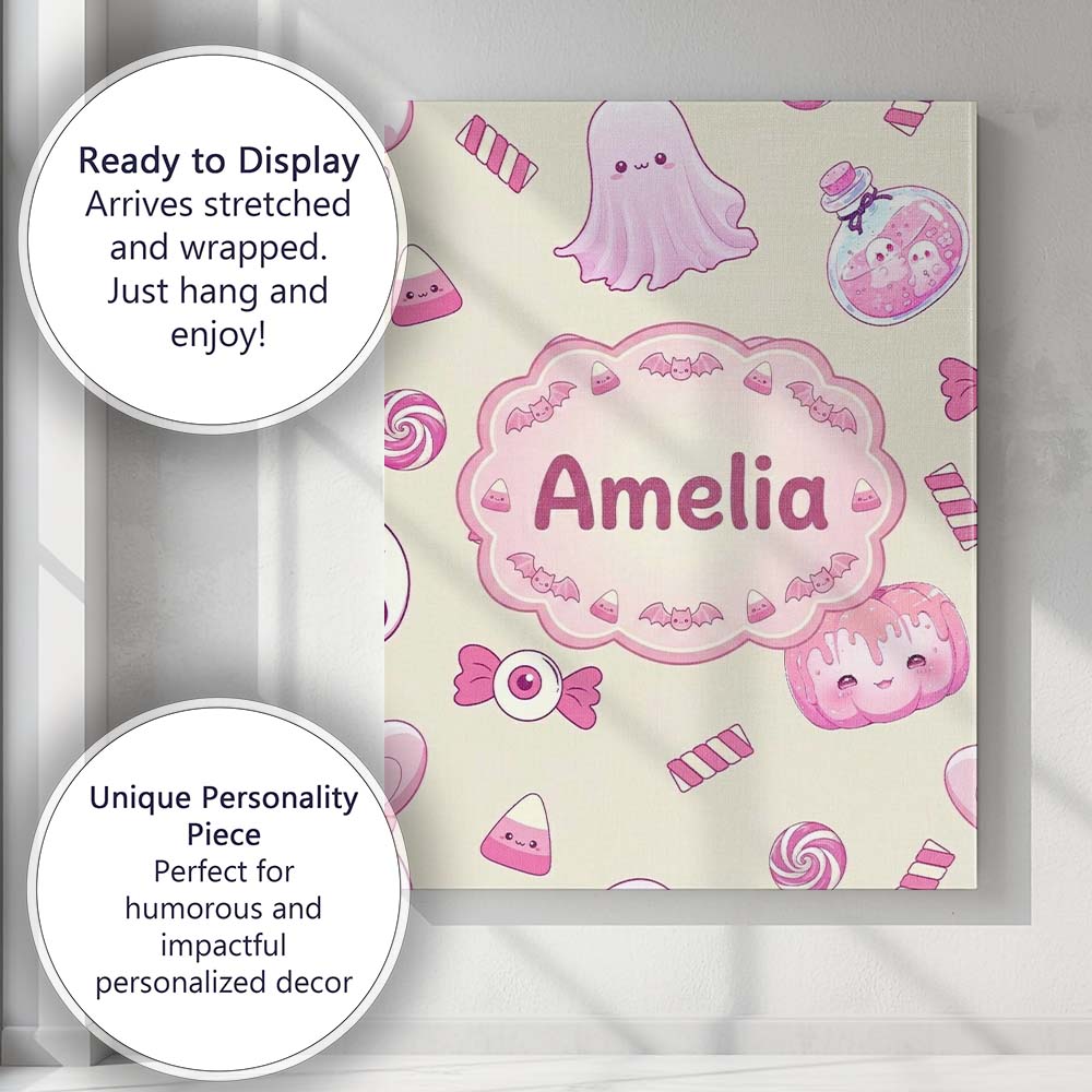 Personalised Name Cute Pink Halloween Bunny Custom  Bespoke Interior Contemporary Canvas Wall Art Print Decor Picture Ready to Hang